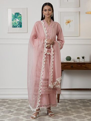 مجموعة كورتا بالازو للنساء بأكمام طويلة ملابس عرقية هندية ورقبة على شكل حرف V مطبوعة كورتي هندية للفتيات باللون الوردي in Kuwait