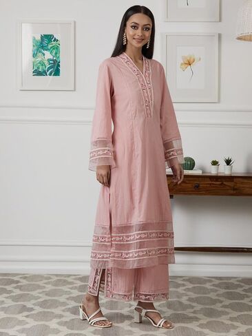 مجموعة كورتا بالازو للنساء بأكمام طويلة ملابس عرقية هندية ورقبة على شكل حرف V مطبوعة كورتي هندية للفتيات باللون الوردي in Kuwait