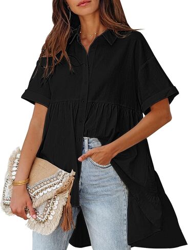 LookbookStore 2024 قمصان بأزرار للأسفل للنساء بلوزات كبيرة الحجم بأكمام قصيرة بيبي دول ملابس علوية صيفية عالية ومنخفضة in Kuwait