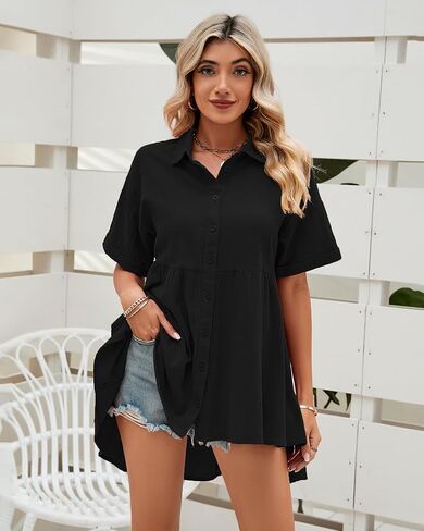 LookbookStore 2024 قمصان بأزرار للأسفل للنساء بلوزات كبيرة الحجم بأكمام قصيرة بيبي دول ملابس علوية صيفية عالية ومنخفضة in Kuwait