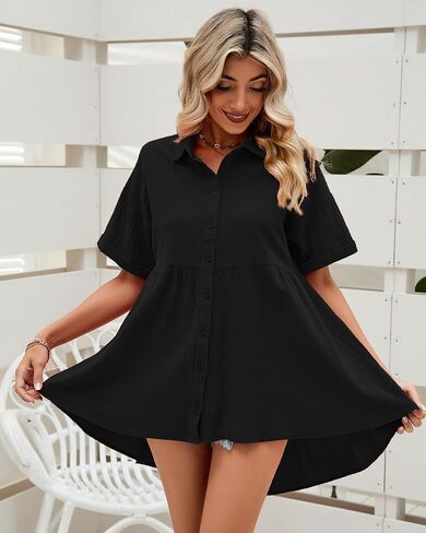 LookbookStore 2024 قمصان بأزرار للأسفل للنساء بلوزات كبيرة الحجم بأكمام قصيرة بيبي دول ملابس علوية صيفية عالية ومنخفضة in Kuwait