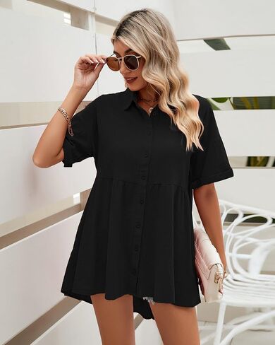 LookbookStore 2024 قمصان بأزرار للأسفل للنساء بلوزات كبيرة الحجم بأكمام قصيرة بيبي دول ملابس علوية صيفية عالية ومنخفضة in Kuwait