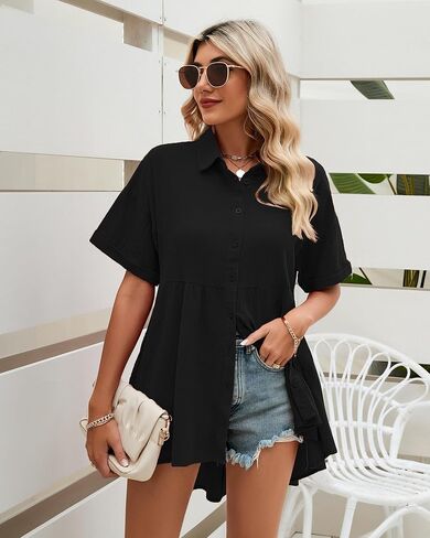 LookbookStore 2024 قمصان بأزرار للأسفل للنساء بلوزات كبيرة الحجم بأكمام قصيرة بيبي دول ملابس علوية صيفية عالية ومنخفضة in Kuwait