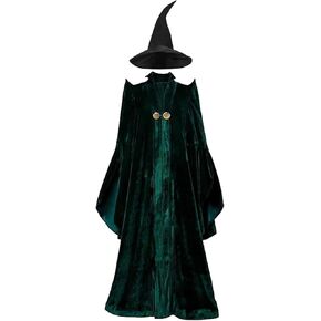 Womens Professor Mcgonagall Costume and Hat Witch Cosplay Green Robe Cloak Halloween Wizard Outfit in Saudi Arabia