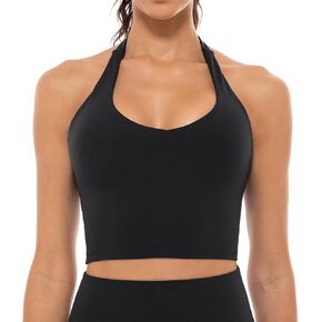 Lavento Women's V-Neck Halter Sports Bra Longline Padded Yoga Crop Bras Top in Kuwait