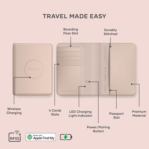 حامل جواز سفر Satechi للسفر مع Find My، غطاء جواز السفر مع 4 حامل بطاقات، شحن لاسلكي، وحماية RFID - حامل جواز سفر من الجلد النباتي الأساسي للسفر in Saudi Arabia