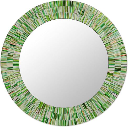NOVICA Green and Blue Glass Mosaic Wood Framed Round Decorative Wall Mounted Mirror, 20" Diameter, 'Aqua Fantasy' in Saudi Arabia