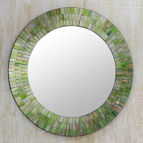 NOVICA Green and Blue Glass Mosaic Wood Framed Round Decorative Wall Mounted Mirror, 20" Diameter, 'Aqua Fantasy' in Saudi Arabia