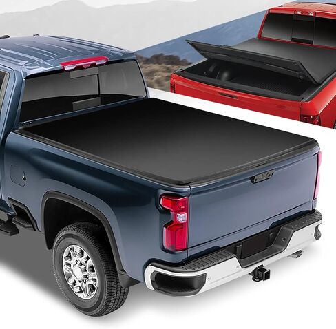 سلالة السيارات الناعمة Tri-Fold Bed Bed Tonneau تغطية متوافقة مع 2020-2025 Chevy Silverado GMC Sierra 2500HD 3500HD 6ft-9inch Fleetside Bed ، Black Black Soft Vinyl Top 21 22 23 24 in Kuwait