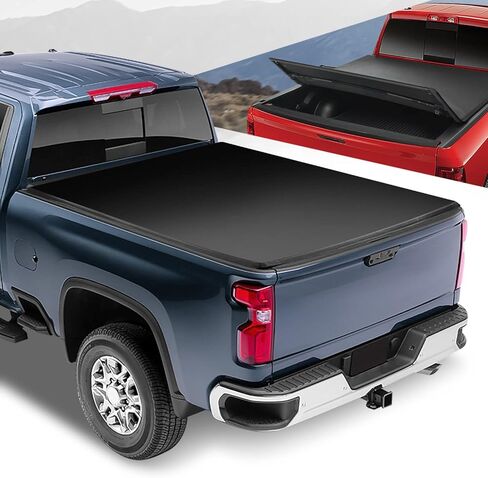 سلالة السيارات الناعمة Tri-Fold Bed Bed Tonneau تغطية متوافقة مع 2020-2025 Chevy Silverado GMC Sierra 2500HD 3500HD 6ft-9inch Fleetside Bed ، Black Black Soft Vinyl Top 21 22 23 24 in Kuwait