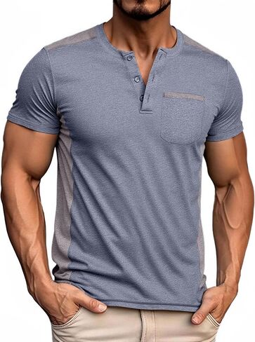 ZITY Mens Henley Shirt Short Sleeve Basic Button-Down T-Shirt with Pockets Solid Color Henley Shirt in Kuwait