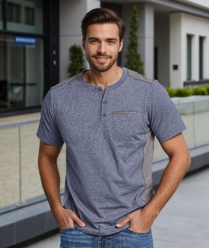ZITY Mens Henley Shirt Short Sleeve Basic Button-Down T-Shirt with Pockets Solid Color Henley Shirt in Kuwait