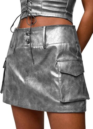 WDIRARA Women's PU Leather Cargo Skirt Retro Low Waist Button Mini Skirt with Flap Pockets in Kuwait