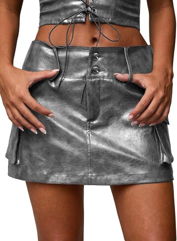 WDIRARA Women's PU Leather Cargo Skirt Retro Low Waist Button Mini Skirt with Flap Pockets in Kuwait