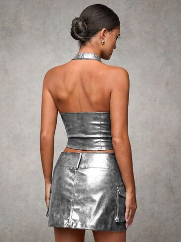 WDIRARA Women's PU Leather Cargo Skirt Retro Low Waist Button Mini Skirt with Flap Pockets in Kuwait