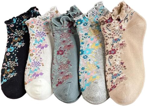 Cute Floral Ankle Socks for Women Girls, Ruffle Cuff Cotton Socks in Kuwait