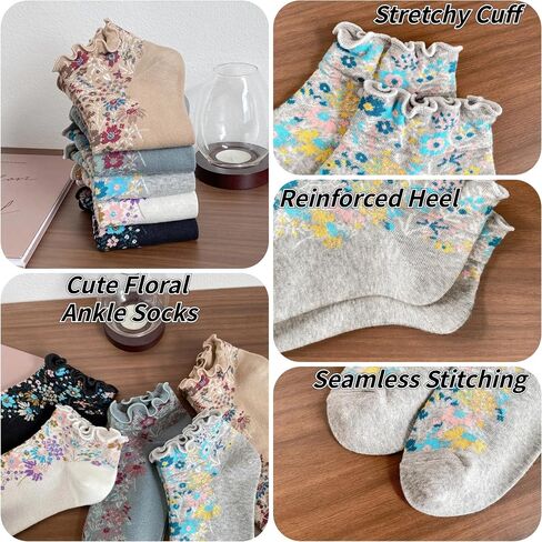 Cute Floral Ankle Socks for Women Girls, Ruffle Cuff Cotton Socks in Kuwait