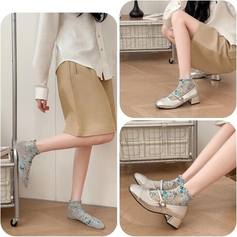 Cute Floral Ankle Socks for Women Girls, Ruffle Cuff Cotton Socks in Kuwait