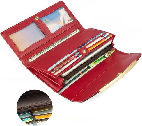 RFID Blocking Genuine Leather Wallet for Women Large Capacity 3-Fold Magnetic Closure Embossed Pattern Anti-Theft (Wine Red) in Saudi Arabia