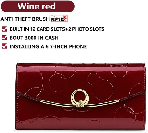 RFID Blocking Genuine Leather Wallet for Women Large Capacity 3-Fold Magnetic Closure Embossed Pattern Anti-Theft (Wine Red) in Saudi Arabia