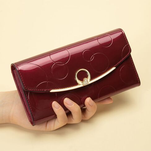 RFID Blocking Genuine Leather Wallet for Women Large Capacity 3-Fold Magnetic Closure Embossed Pattern Anti-Theft (Wine Red) in Saudi Arabia