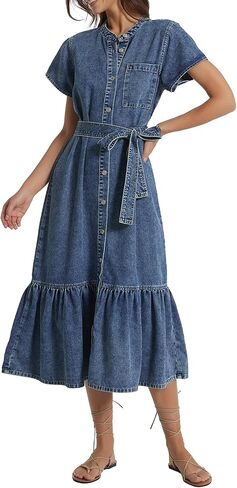 Kedera Summer Button Down Denim Shirt Dresses for Women Maxi Ruffle Short Sleeve Flowy Tiered Beach Sun Dress in Saudi Arabia