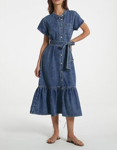 Kedera Summer Button Down Denim Shirt Dresses for Women Maxi Ruffle Short Sleeve Flowy Tiered Beach Sun Dress in Saudi Arabia