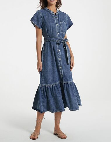 Kedera Summer Button Down Denim Shirt Dresses for Women Maxi Ruffle Short Sleeve Flowy Tiered Beach Sun Dress in Saudi Arabia