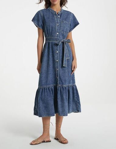 Kedera Summer Button Down Denim Shirt Dresses for Women Maxi Ruffle Short Sleeve Flowy Tiered Beach Sun Dress in Saudi Arabia