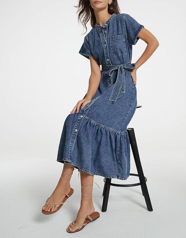 Kedera Summer Button Down Denim Shirt Dresses for Women Maxi Ruffle Short Sleeve Flowy Tiered Beach Sun Dress in Saudi Arabia
