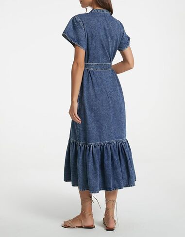 Kedera Summer Button Down Denim Shirt Dresses for Women Maxi Ruffle Short Sleeve Flowy Tiered Beach Sun Dress in Saudi Arabia
