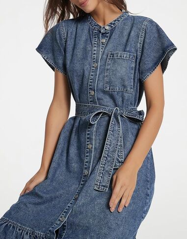Kedera Summer Button Down Denim Shirt Dresses for Women Maxi Ruffle Short Sleeve Flowy Tiered Beach Sun Dress in Saudi Arabia