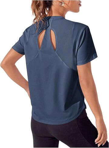 Oyoangle Women's Open Back Sports Therts Mesh Twist Workout Gym Running Yoga Tops in Saudi Arabia