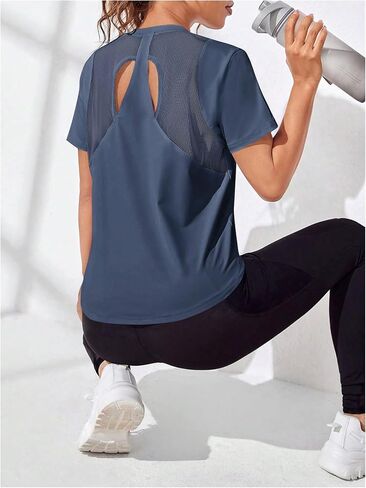 Oyoangle Women's Open Back Sports Therts Mesh Twist Workout Gym Running Yoga Tops in Saudi Arabia