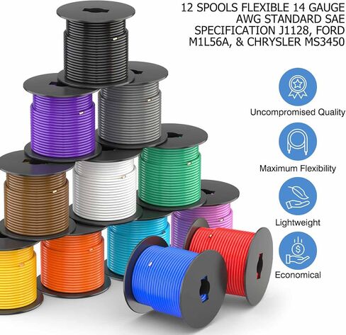 SUZCO 13 Rolls 14GA Automotive Primary Wire Spools, 13 Colors Single Conductor Car Audio/Trailer CCA Low Voltage Wiring, -20°C-105°C, SAE J1128/SAE J-1560/M1L56A/MS3450 (100FT/Spool, 1300FT) in Saudi Arabia