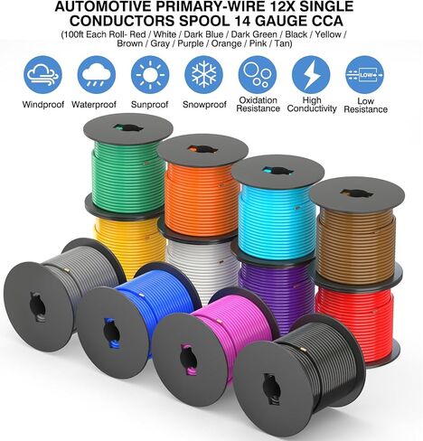 SUZCO 13 Rolls 14GA Automotive Primary Wire Spools, 13 Colors Single Conductor Car Audio/Trailer CCA Low Voltage Wiring, -20°C-105°C, SAE J1128/SAE J-1560/M1L56A/MS3450 (100FT/Spool, 1300FT) in Saudi Arabia