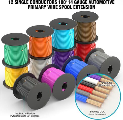 SUZCO 13 Rolls 14GA Automotive Primary Wire Spools, 13 Colors Single Conductor Car Audio/Trailer CCA Low Voltage Wiring, -20°C-105°C, SAE J1128/SAE J-1560/M1L56A/MS3450 (100FT/Spool, 1300FT) in Saudi Arabia