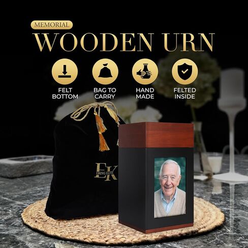 Urns Human Ashes - صندوق تذكار خشبي مع إطار للصور - جرة معتمدة من إدارة أمن المواصلات الأمريكية للسفر - جرة كبيرة للبالغين، جرة مصنوعة يدويًا مع حقيبة للتخزين، سعة 270 رطلاً in Saudi Arabia