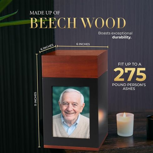 Urns Human Ashes - صندوق تذكار خشبي مع إطار للصور - جرة معتمدة من إدارة أمن المواصلات الأمريكية للسفر - جرة كبيرة للبالغين، جرة مصنوعة يدويًا مع حقيبة للتخزين، سعة 270 رطلاً in Saudi Arabia