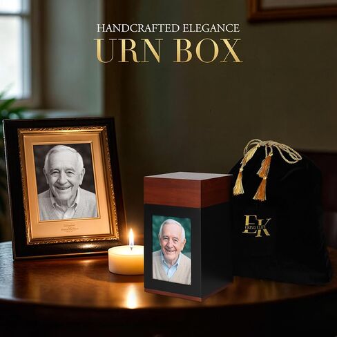 Urns Human Ashes - صندوق تذكار خشبي مع إطار للصور - جرة معتمدة من إدارة أمن المواصلات الأمريكية للسفر - جرة كبيرة للبالغين، جرة مصنوعة يدويًا مع حقيبة للتخزين، سعة 270 رطلاً in Saudi Arabia