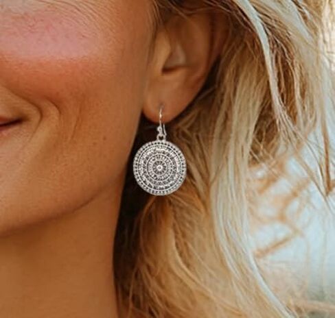 Boho Gold Hoop Drop Earrings with Lightweight Filigree Medallion Charm – 1.75 Inch Vintage-Inspired Dangle Earrings – Festival, Everyday, or Gift Jewelry for Women in Saudi Arabia