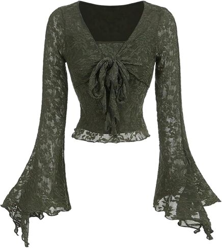 GORGLITTER Women's Lace Bell Sleeve Top Tie Front V Neck Going Out Crop Tops in Kuwait