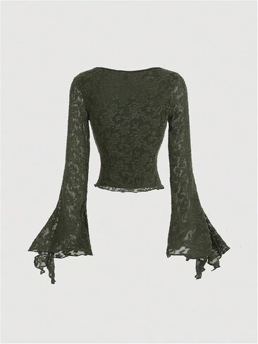 GORGLITTER Women's Lace Bell Sleeve Top Tie Front V Neck Going Out Crop Tops in Kuwait