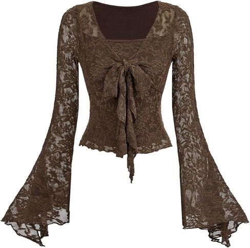 GORGLITTER Women's Lace Bell Sleeve Top Tie Front V Neck Going Out Crop Tops in Kuwait