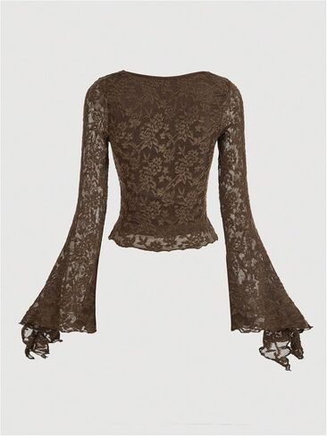 GORGLITTER Women's Lace Bell Sleeve Top Tie Front V Neck Going Out Crop Tops in Kuwait