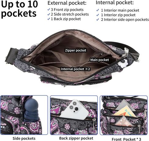 F.Fetivin Women Floral Counter Bebag Floaty Flugle Mopicets Bag Ladies Crossbody Crossbody Lightweight Nylon Travel in Kuwait