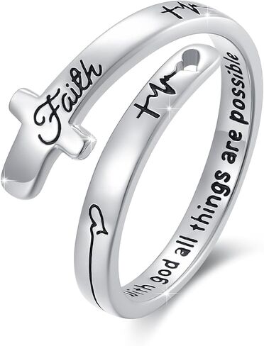 MEDWISE Sterling Silver Cross Ring for Women Christian Blessed Faith Ring Inspirational Encouragement Jewelry Statement Wrap Finger Open Adjustable Cross Heart Ring Gift for Couples in Kuwait