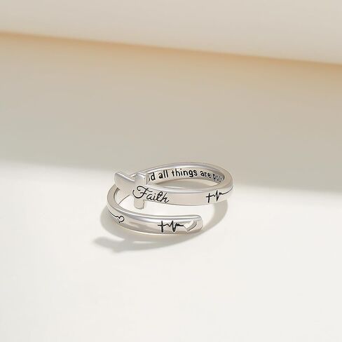 MEDWISE Sterling Silver Cross Ring for Women Christian Blessed Faith Ring Inspirational Encouragement Jewelry Statement Wrap Finger Open Adjustable Cross Heart Ring Gift for Couples in Kuwait