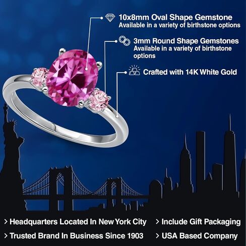 GEM Stone King 14K White Gold Pink خلق الياقوت والوردي مختبر نمت خاتم الماس للنساء | 3.51 CTTW | البيضاوي 10x8mm | الأحجار الكريمة سبتمبر المولد | متوفر بحجم 5،6،7،8،9 in Saudi Arabia