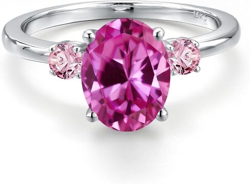 GEM Stone King 14K White Gold Pink خلق الياقوت والوردي مختبر نمت خاتم الماس للنساء | 3.51 CTTW | البيضاوي 10x8mm | الأحجار الكريمة سبتمبر المولد | متوفر بحجم 5،6،7،8،9 in Saudi Arabia